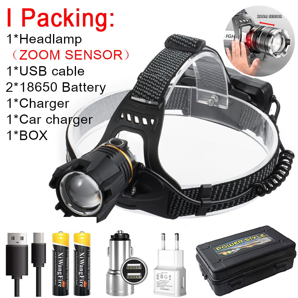 High Powerful ZOOM Sensor Headlamp XHP50 Super Bright Outdoor Headlight torch Flashlight USB Rechargeable Light Fishing Light