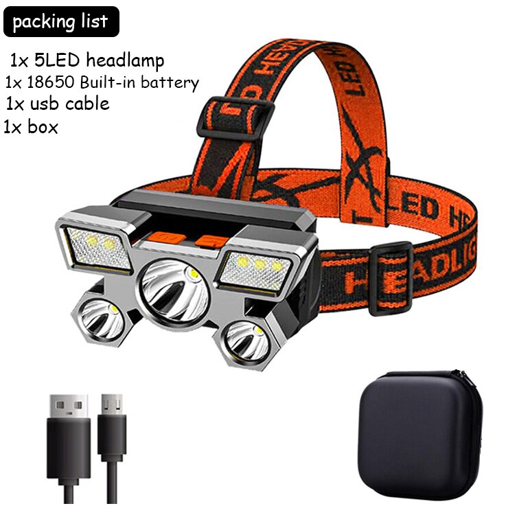 5LED with Built-in 18650 Battery USB Rechargeable Portable Flashlight Lantern Headlamp Outdoor Camping Headlight Headlamps