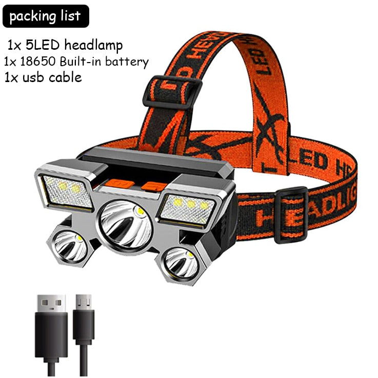 5LED with Built-in 18650 Battery USB Rechargeable Portable Flashlight Lantern Headlamp Outdoor Camping Headlight Headlamps