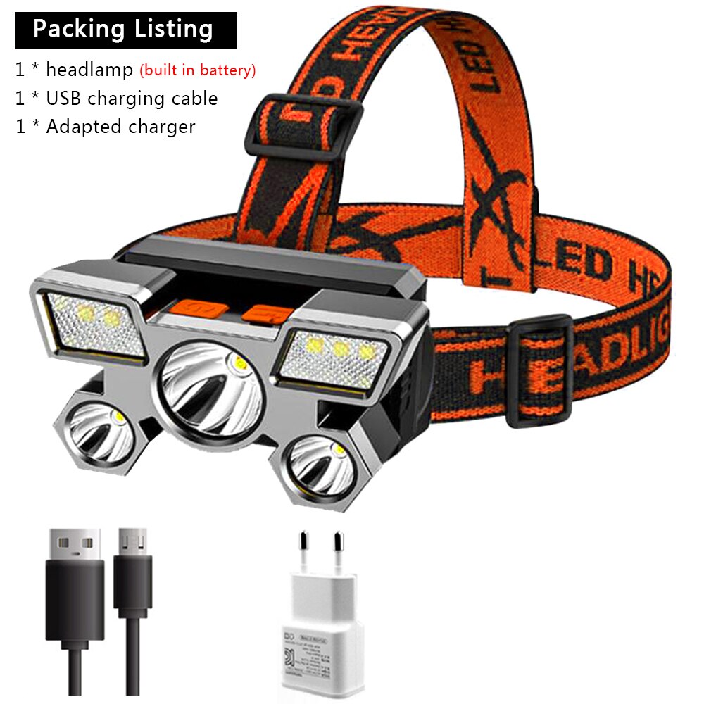 5LED Bright Portable Headlamp USB Rechargeable Built-in 18650 Battery Flashlight Lightweight Outdoor Work Camping Lantern