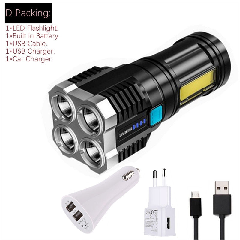 Plastic 4 Lighting Light 4 LED COB Flashlight Mini Portable hand lantern USB Rechargeable With Built-in 18650 Battery