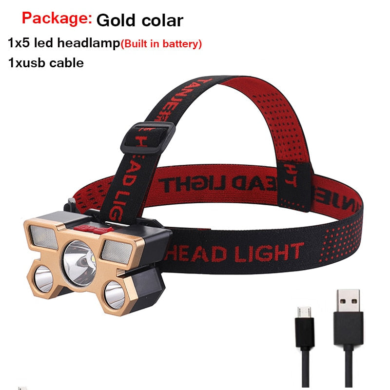 5LED with Built-in 18650 Battery USB Rechargeable Portable Flashlight Lantern Headlamp Outdoor Camping Headlight Headlamps