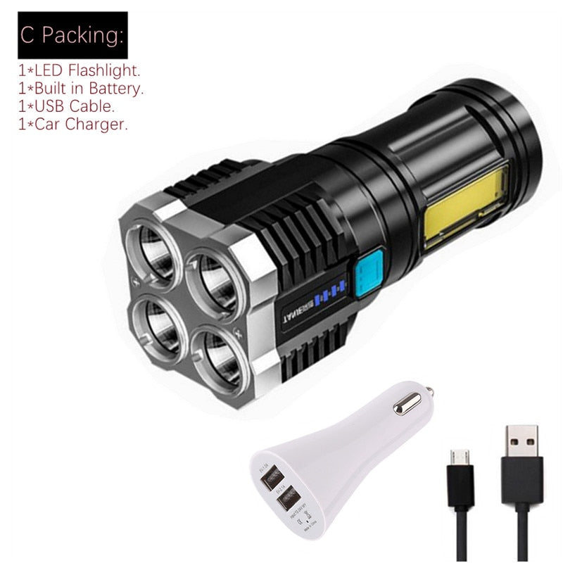 Plastic 4 Lighting Light 4 LED COB Flashlight Mini Portable hand lantern USB Rechargeable With Built-in 18650 Battery