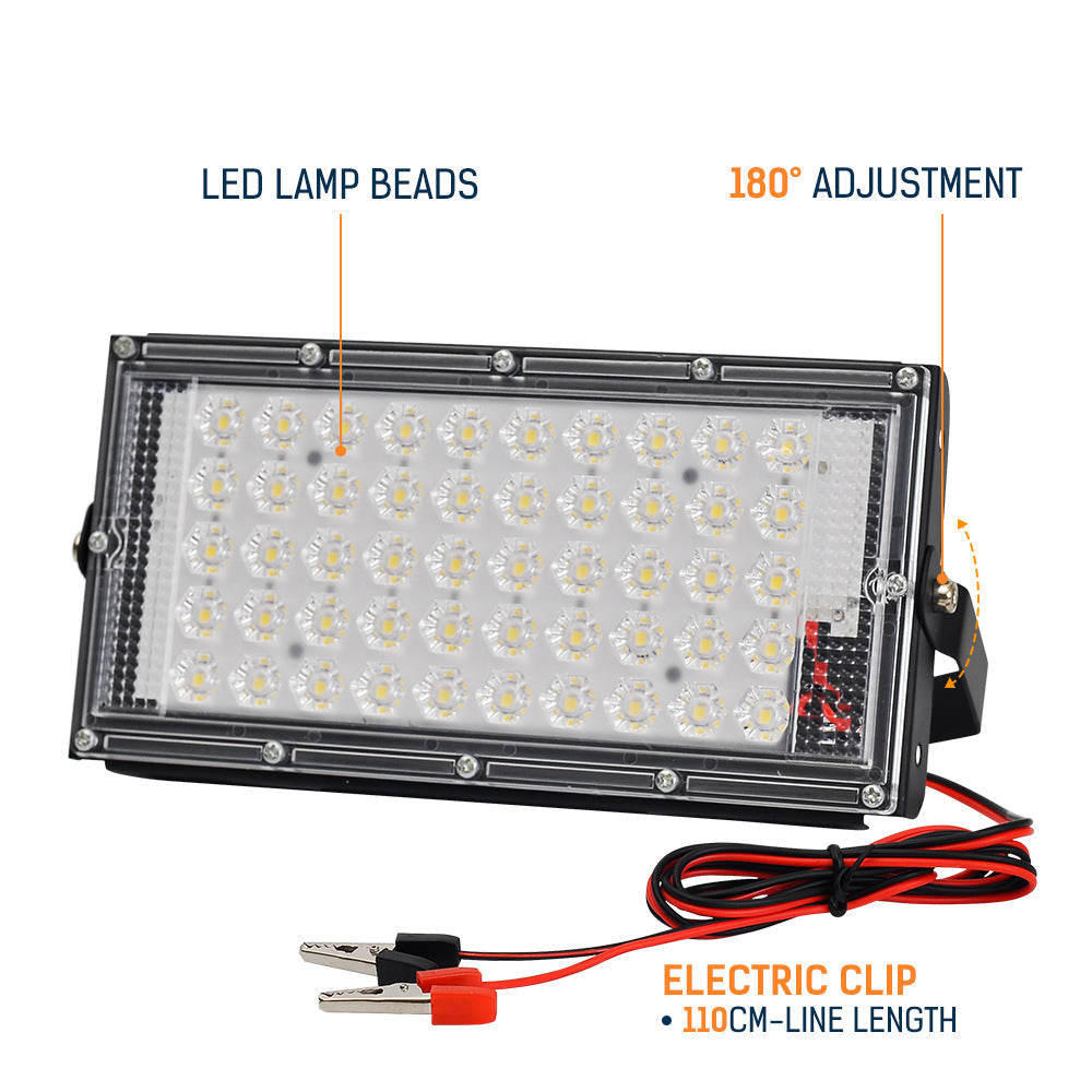 50W LED Floodlight DC12V Waterproof Electric Clip Charger LED Emergency Lamp Spotlight Camping Hiking Working Outdoor Lighting