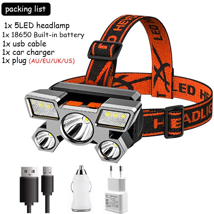 5LED with Built-in 18650 Battery USB Rechargeable Portable Flashlight Lantern Headlamp Outdoor Camping Headlight Headlamps