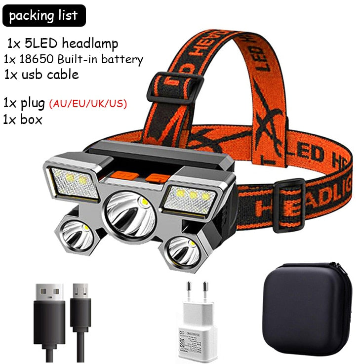 5LED with Built-in 18650 Battery USB Rechargeable Portable Flashlight Lantern Headlamp Outdoor Camping Headlight Headlamps