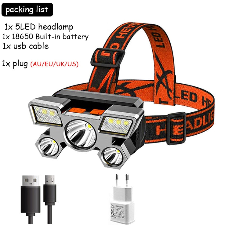5LED with Built-in 18650 Battery USB Rechargeable Portable Flashlight Lantern Headlamp Outdoor Camping Headlight Headlamps