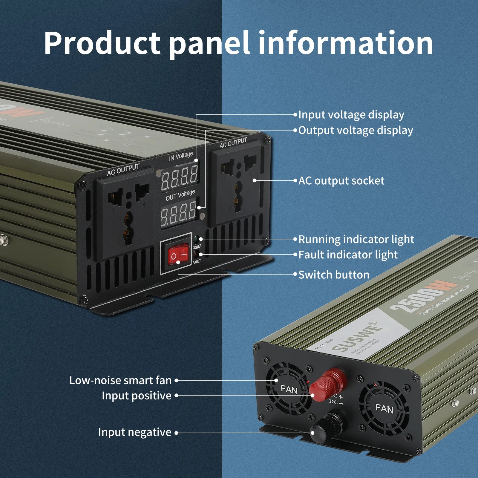 GreenZech DM 2500 Inverter | 2500W Full Power Pure Sine Wave | 12V 24V 48V 60V 72V to 110V 220V AC Converter
