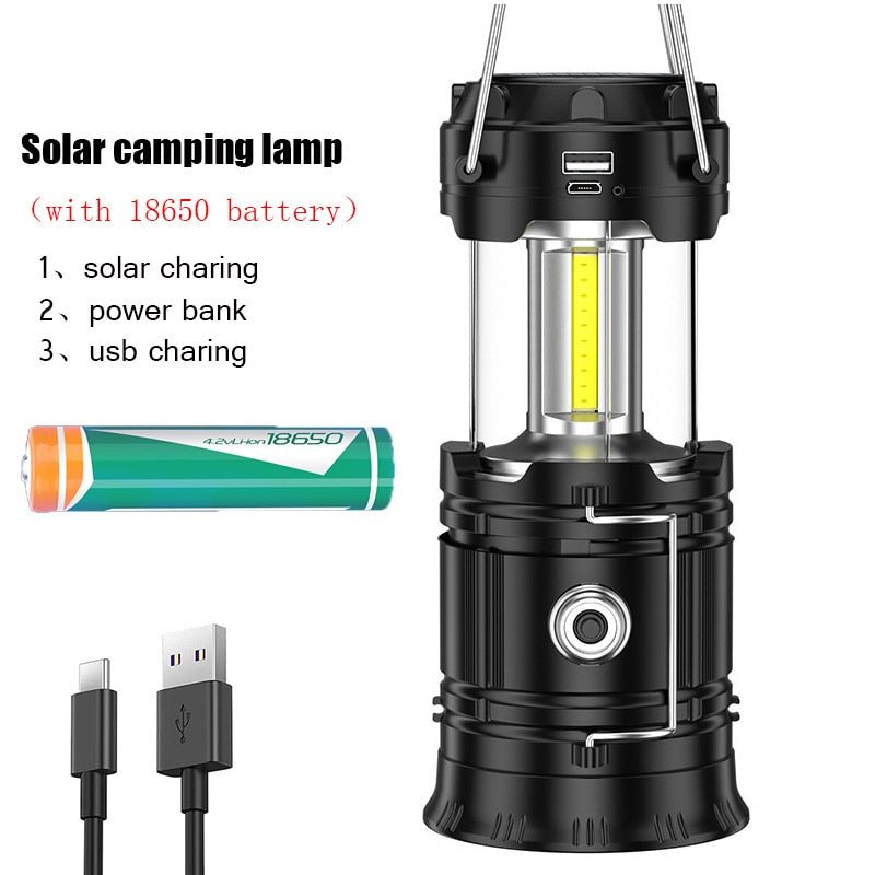 Outdoor Camping Lamp Solar Multifunctional Household Portable Strong Light Emergency Lantern ChargingTent Use 18650 Battery