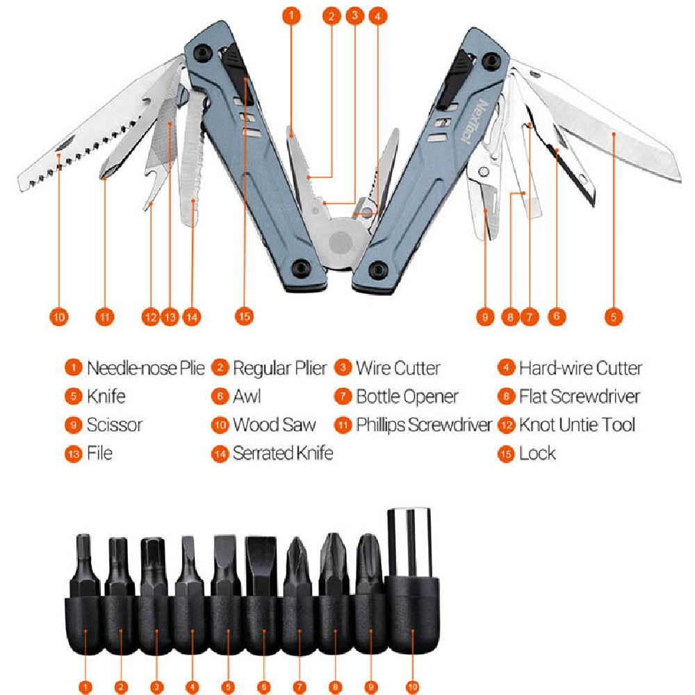 14-In-1 Multi-Function Tools Folding Pliers Camping Hiking Portable Scissors Opener Screwdriver Multitool Saw