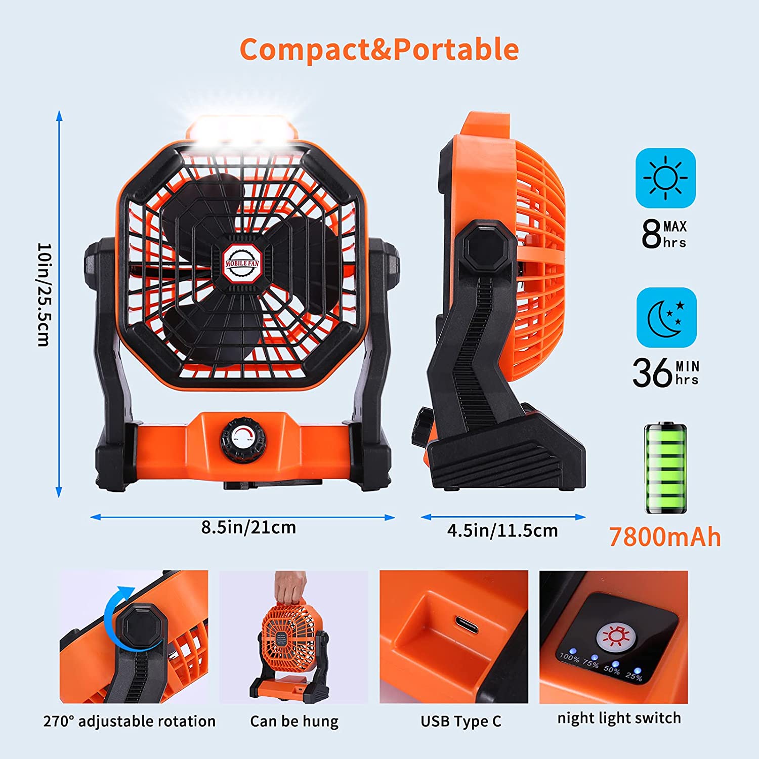 USB Movable Portable Rechargeable Adjustable Speed Lantern Camping Fan With Led Lights For Tent 7800mAh Battery Operated Powered
