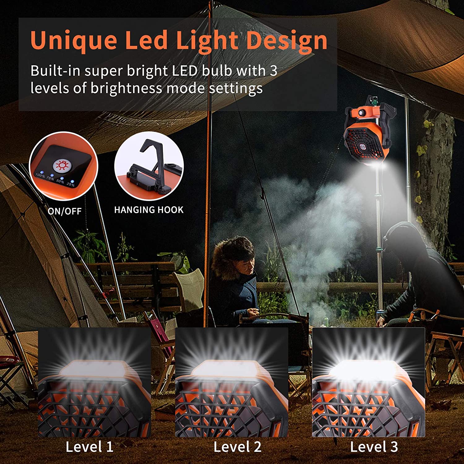 USB Movable Portable Rechargeable Adjustable Speed Lantern Camping Fan With Led Lights For Tent 7800mAh Battery Operated Powered