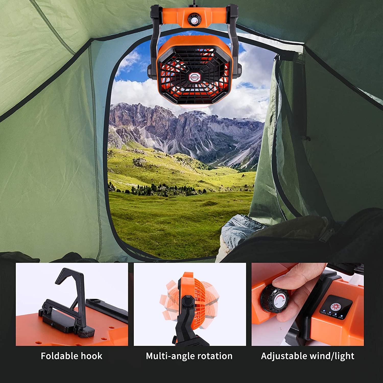 USB Movable Portable Rechargeable Adjustable Speed Lantern Camping Fan With Led Lights For Tent 7800mAh Battery Operated Powered