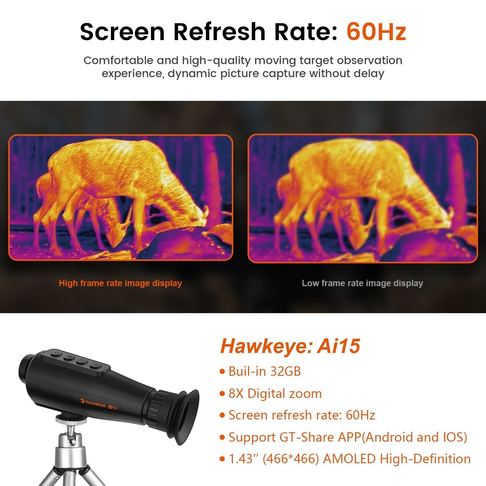 AI Thermal Monocular Thermal Imaging Camera - 8x Digital Zoom, 60Hz AMOLED Display, IP66 Waterproof, Built-in 32GB Storage, WiFi Hotspot/Station for Smartphone Connectivity