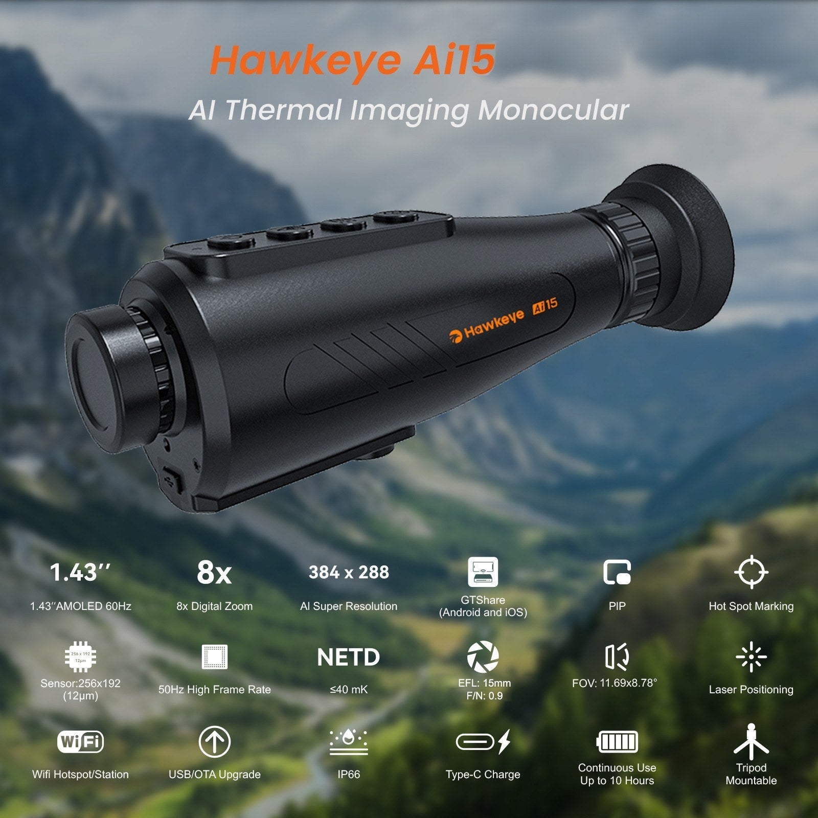 AI Thermal Monocular Thermal Imaging Camera - 8x Digital Zoom, 60Hz AMOLED Display, IP66 Waterproof, Built-in 32GB Storage, WiFi Hotspot/Station for Smartphone Connectivity