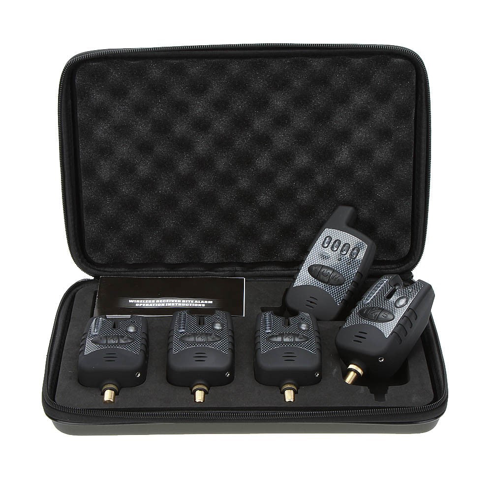 Wireless Digital Water-resistant Fishing Alarm Set 4 Fishing Bite Alarm + 1 Receiver in Case for Carp Fishing