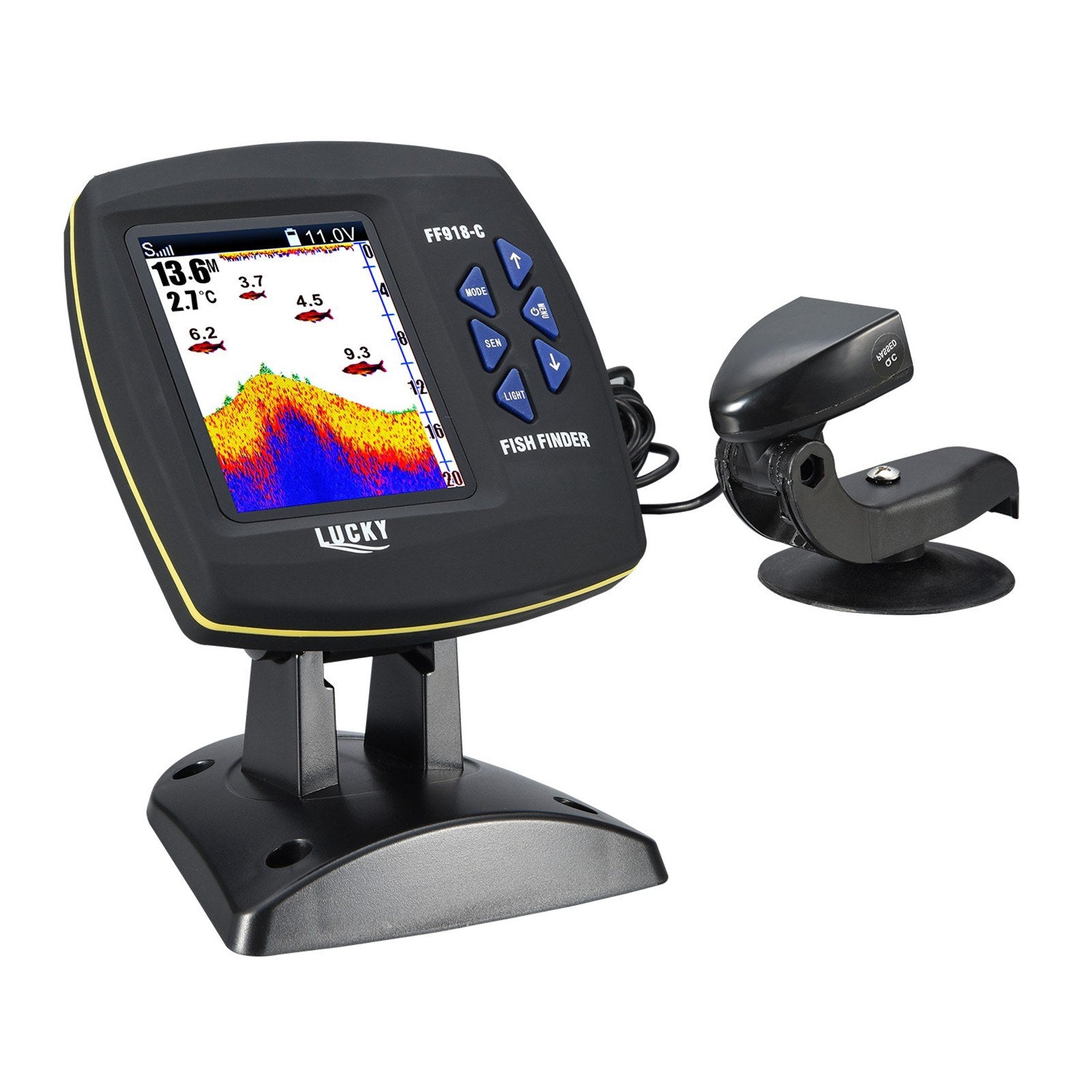 Wired Transducer Fishfinder LCD Boat Fish Detector, 45° Beam, 200Khz, 180m Depth - Pinpoint Fish Location!