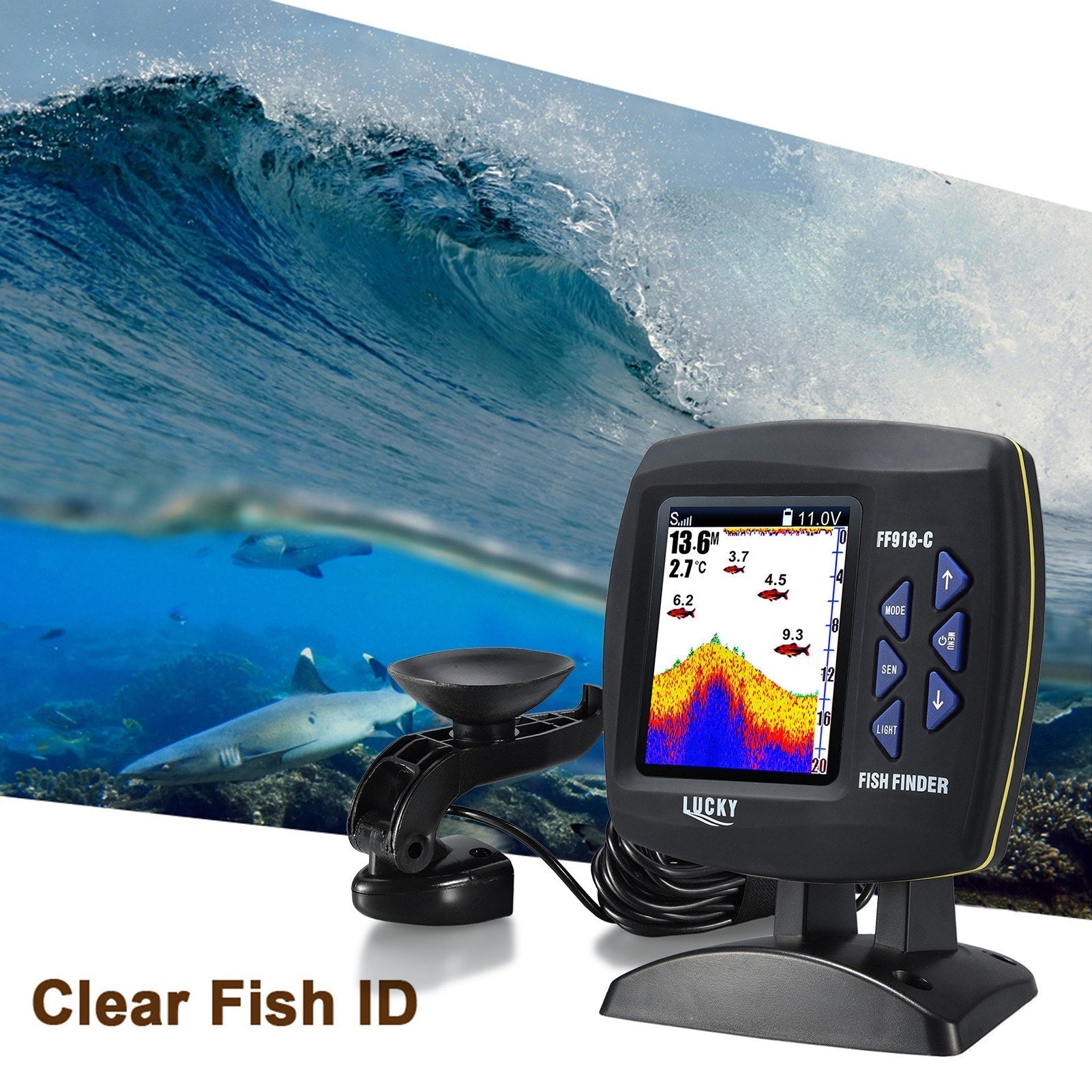 Wired Transducer Fishfinder LCD Boat Fish Detector, 45° Beam, 200Khz, 180m Depth - Pinpoint Fish Location!