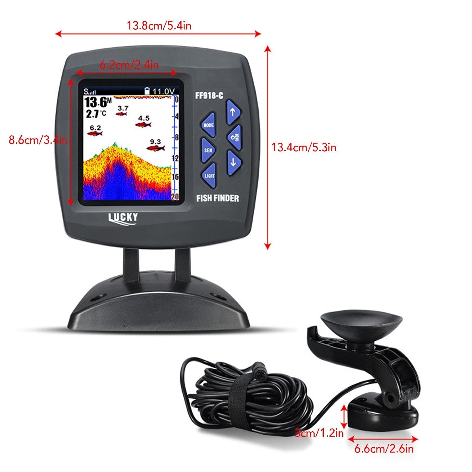Wired Transducer Fishfinder LCD Boat Fish Detector, 45° Beam, 200Khz, 180m Depth - Pinpoint Fish Location!