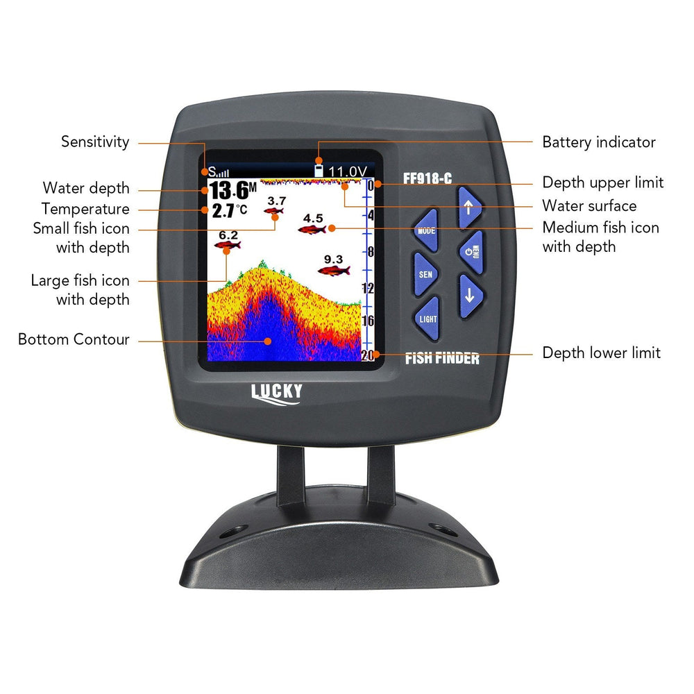 Wired Transducer Fishfinder LCD Boat Fish Detector, 45° Beam, 200Khz, 180m Depth - Pinpoint Fish Location!
