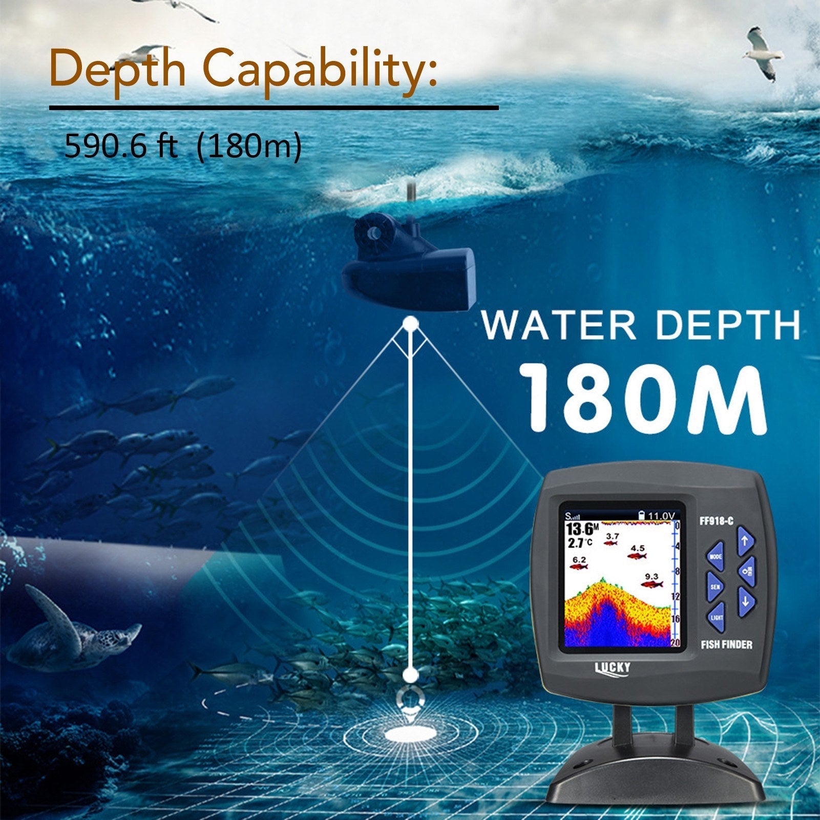 Wired Transducer Fishfinder LCD Boat Fish Detector, 45° Beam, 200Khz, 180m Depth - Pinpoint Fish Location!