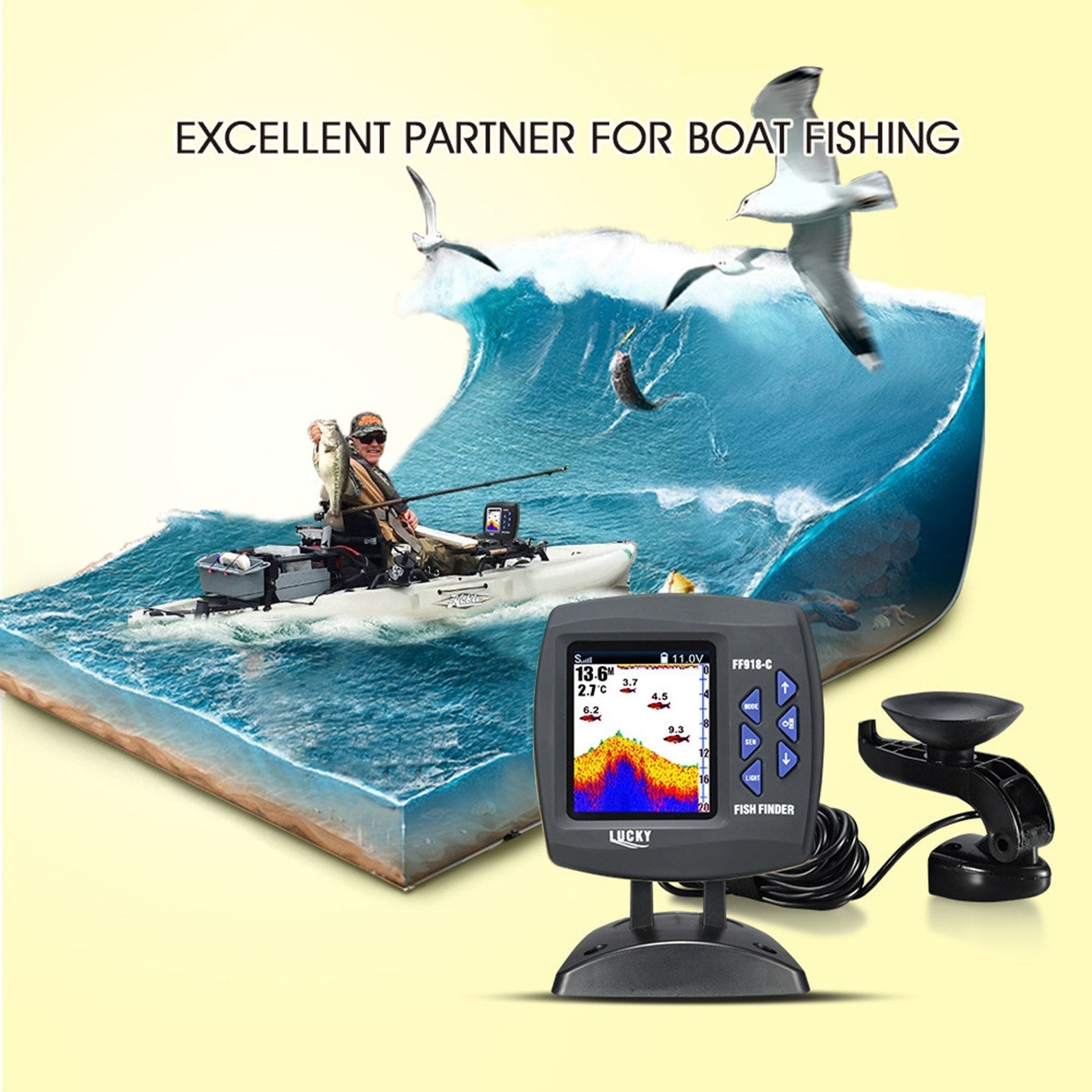 Wired Transducer Fishfinder LCD Boat Fish Detector, 45° Beam, 200Khz, 180m Depth - Pinpoint Fish Location!
