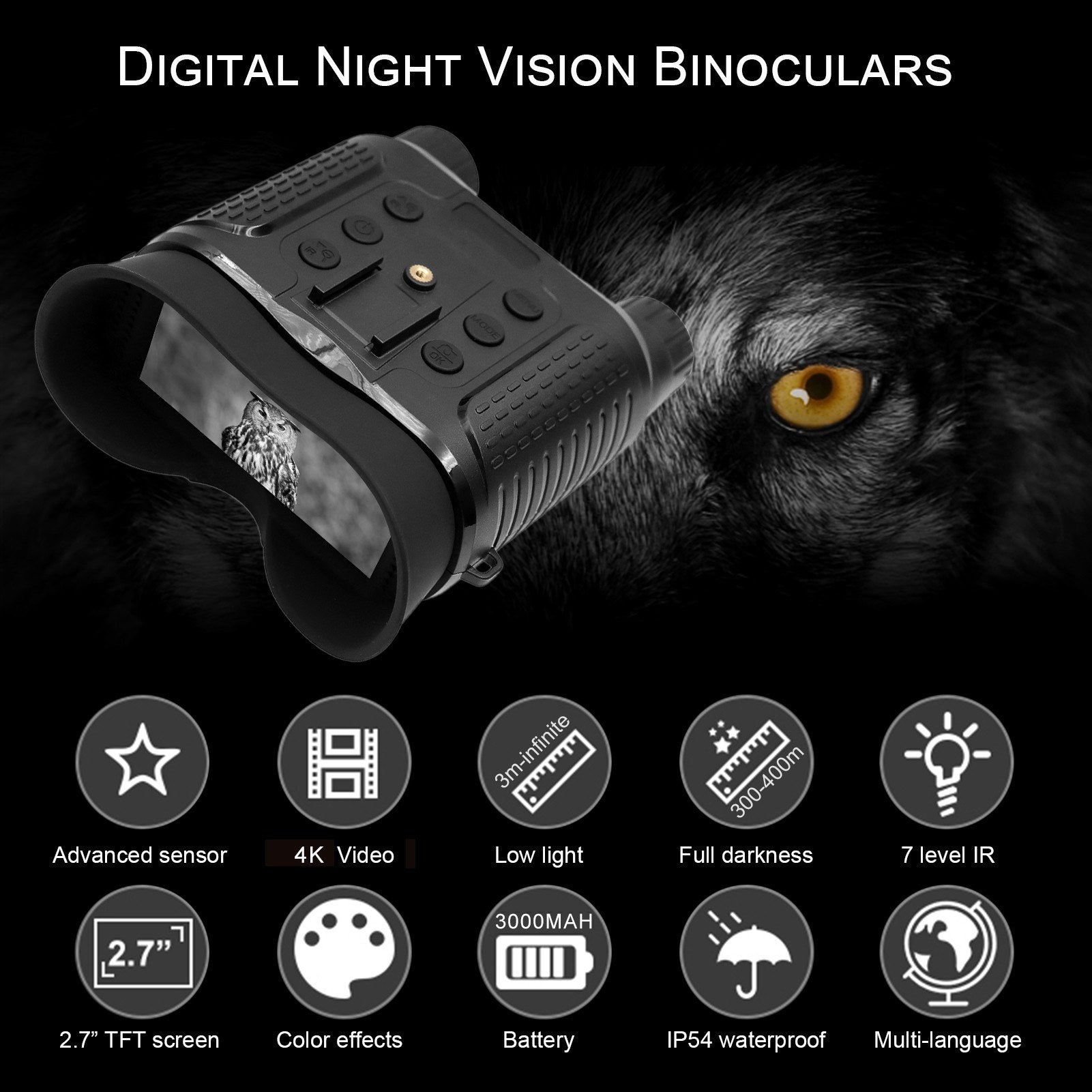 4K Infrared Head Mounted Night Vision Goggles with 2.7" TFT Screen 8X Digital Zoom 350-400M Night Range for Cave Searching, Security Hiking, Night Fishing, Hunting, Wildlife Watching