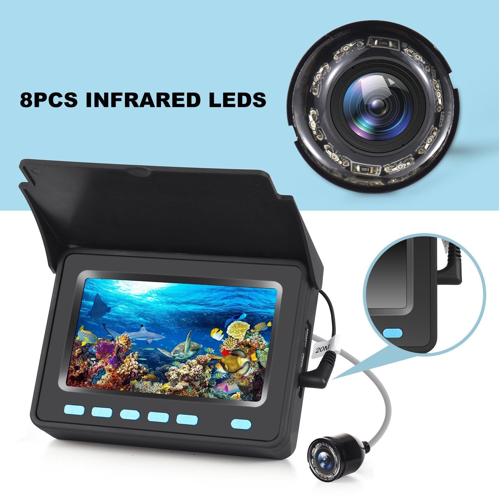 20M/30M 1200TVL Underwater Fishing Camera Fish Finder 4.3'' LCD Monitor 8PCS IR LED Night Vision Camera for Ice Boat Fishing