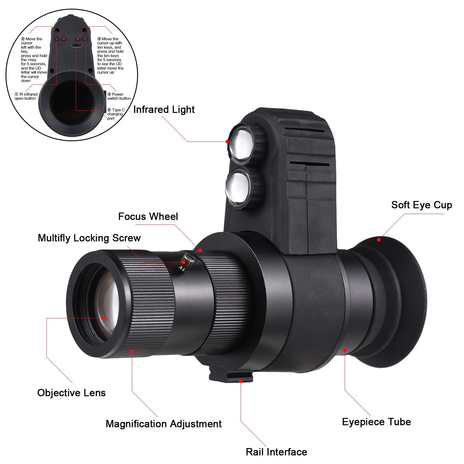 Digital Night Vision Monocular Infrared Night Vision Riflescope with IR Illuminator for Hunting Surveillance Wildlife Observation