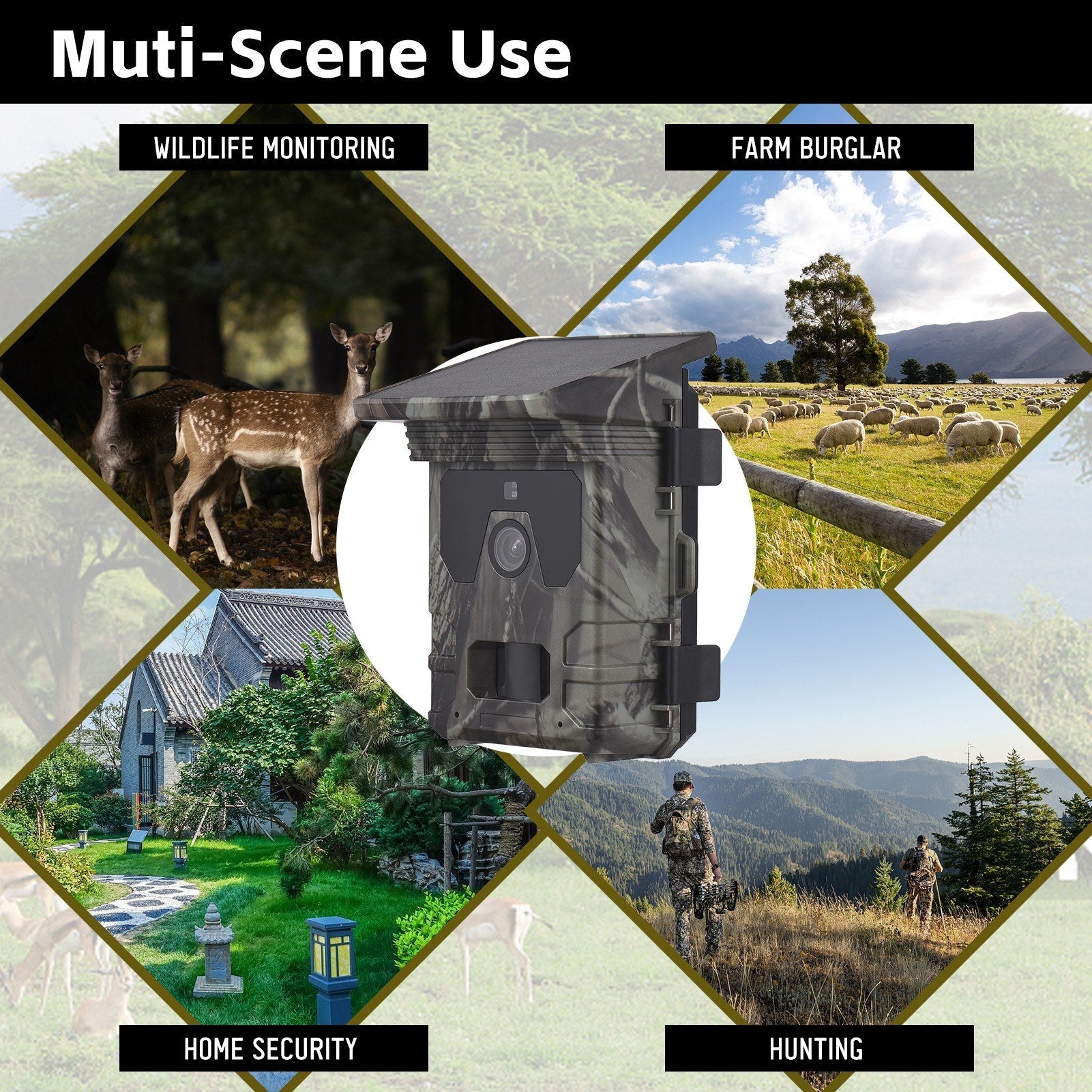 Solar Powered Night Vision Trail Camera 50MP 4K Hunting Camera Built-in Battery 0.5s Trigger Time 120° Detection Angle with 32G Memory Card