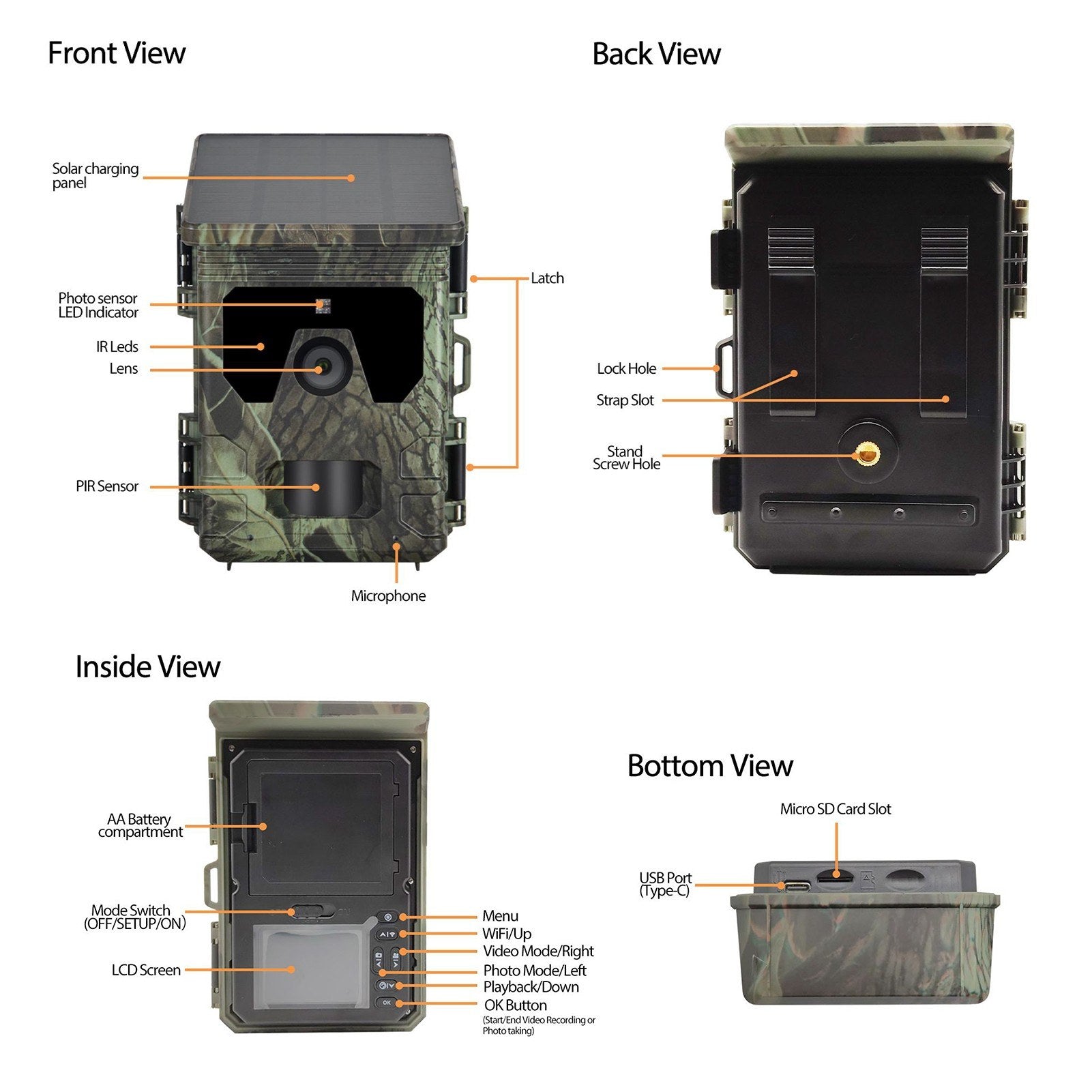 Solar Powered Night Vision Trail Camera 50MP 4K Hunting Camera Built-in Battery 0.5s Trigger Time 120° Detection Angle with 32G Memory Card