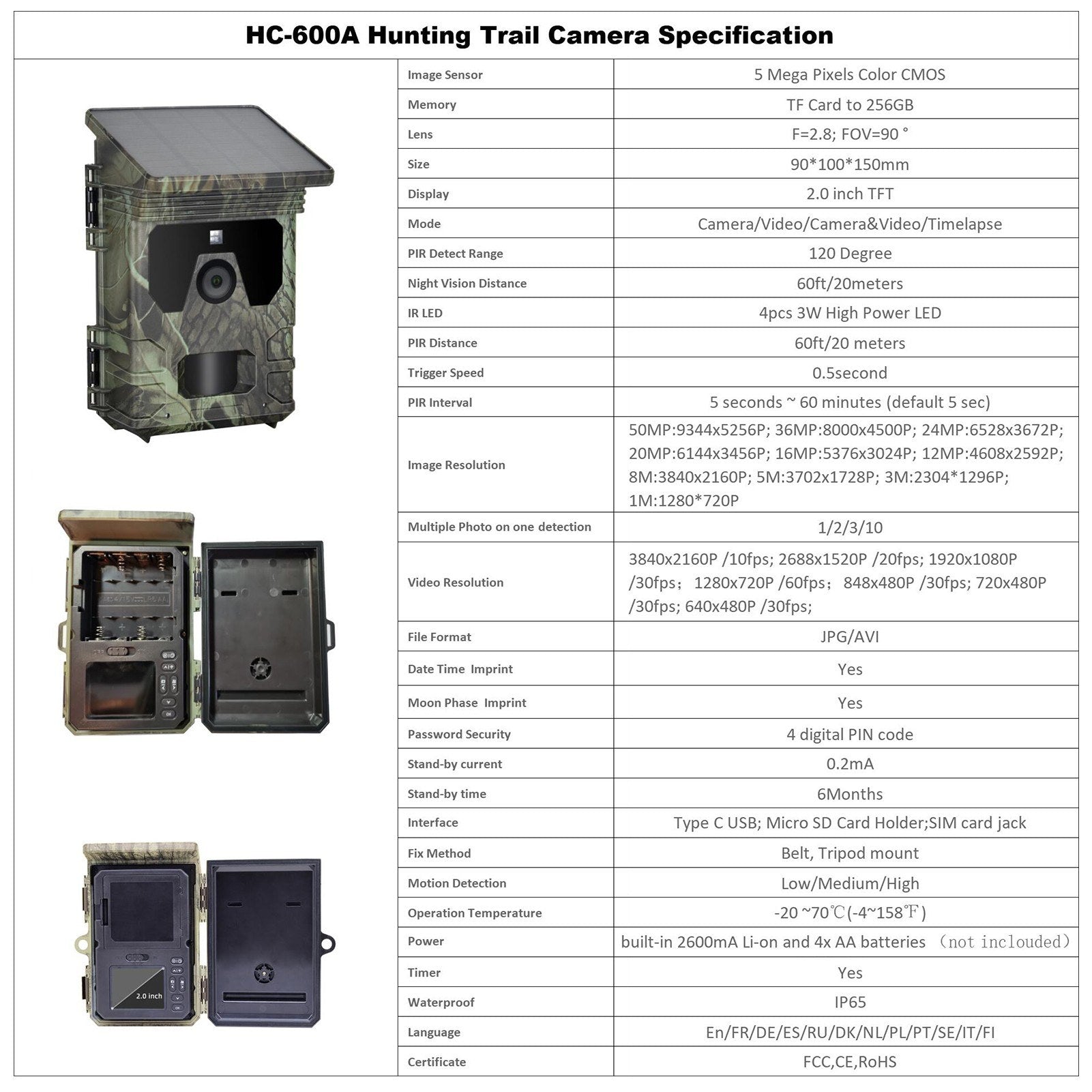 Solar Powered Night Vision Trail Camera 50MP 4K Hunting Camera Built-in Battery 0.5s Trigger Time 120° Detection Angle with 32G Memory Card