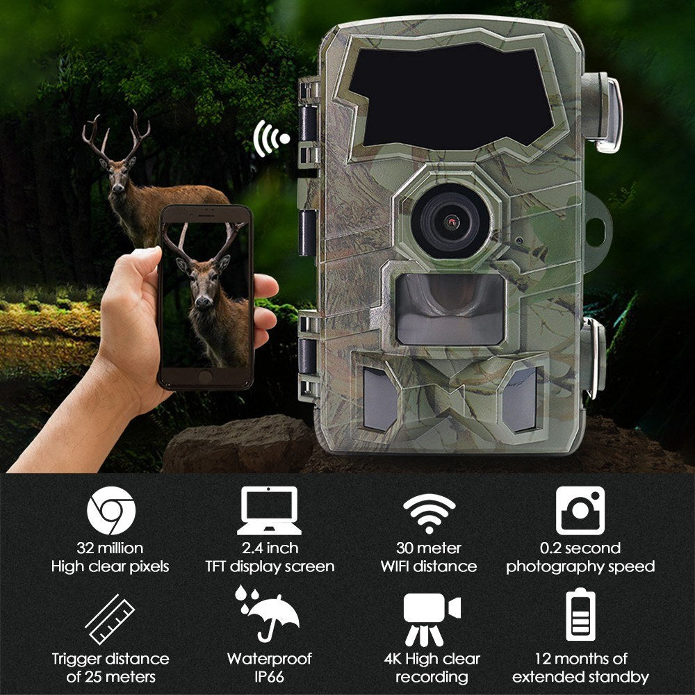 Trail Camera 4K 32MP Wifi Game Camera with Night Vision Hunting Camera IP66 Waterproof 105° Wide-Angle for Outdoor Wildlife Monitoring