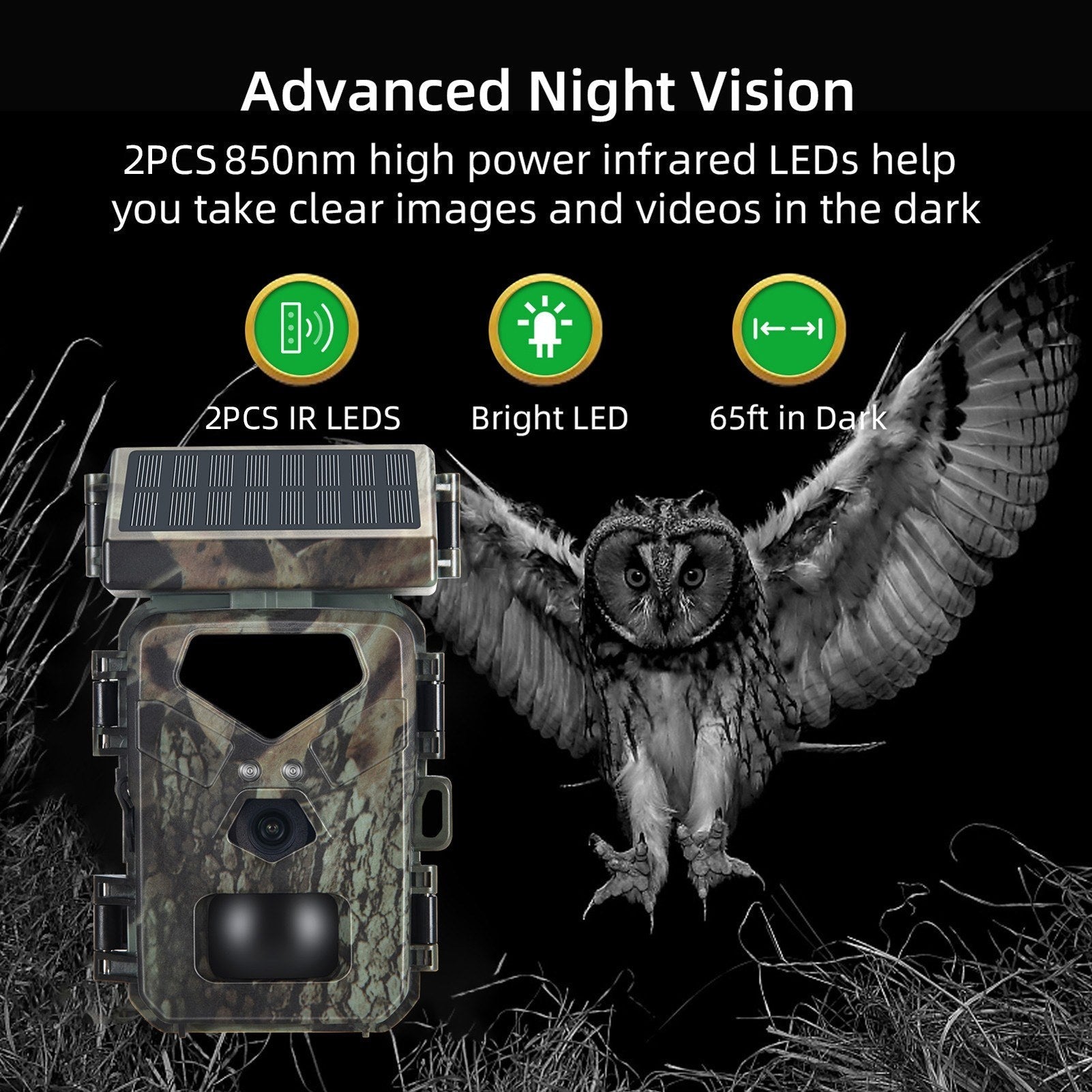Solar Powered 20MP/1080P IP65 Hunting Camera 0.45s Trigger Speed 2 Infrared LED Night Vision Motion Activated Trail Camera 60° Detection Range