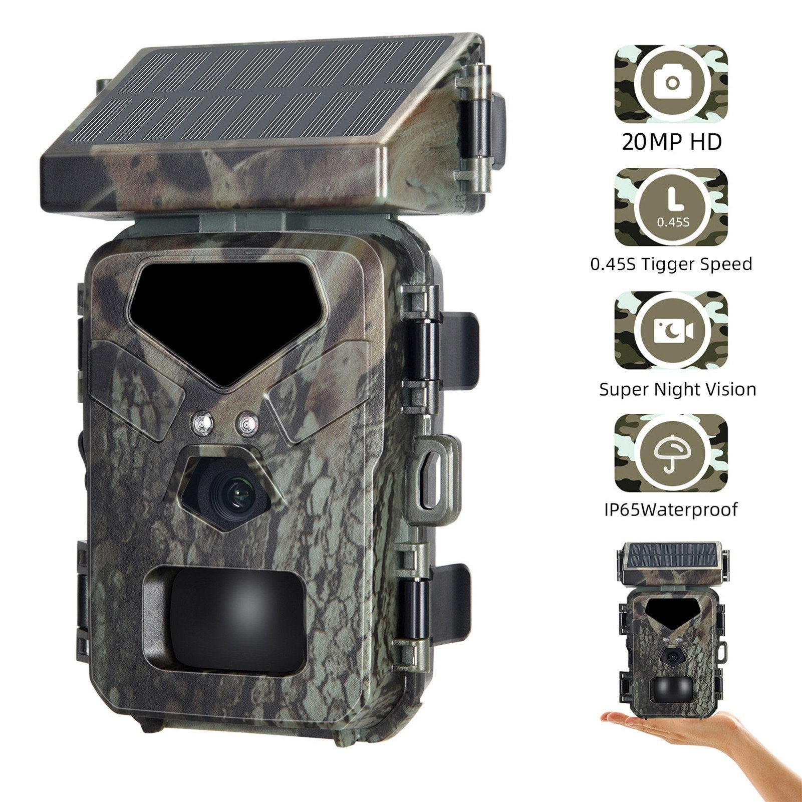 Solar Powered 20MP/1080P IP65 Hunting Camera 0.45s Trigger Speed 2 Infrared LED Night Vision Motion Activated Trail Camera 60° Detection Range