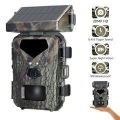 Solar Powered 20MP/1080P IP65 Hunting Camera 0.45s Trigger Speed 2 Infrared LED Night Vision Motion Activated Trail Camera 60° Detection Range