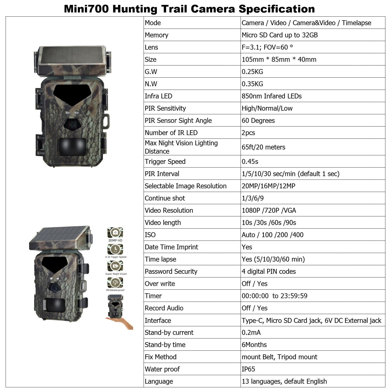 Solar Powered 20MP/1080P IP65 Hunting Camera 0.45s Trigger Speed 2 Infrared LED Night Vision Motion Activated Trail Camera 60° Detection Range