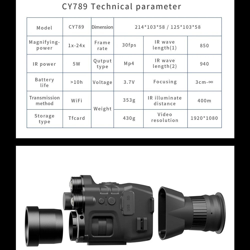 3.1-inch HD Screen Wifi Night Vision Scope Infrared Hunting Sight Camera Digital Monocular Seven Types Cross Marks Two 5W Infrared LED Lights 200M Darkness Range