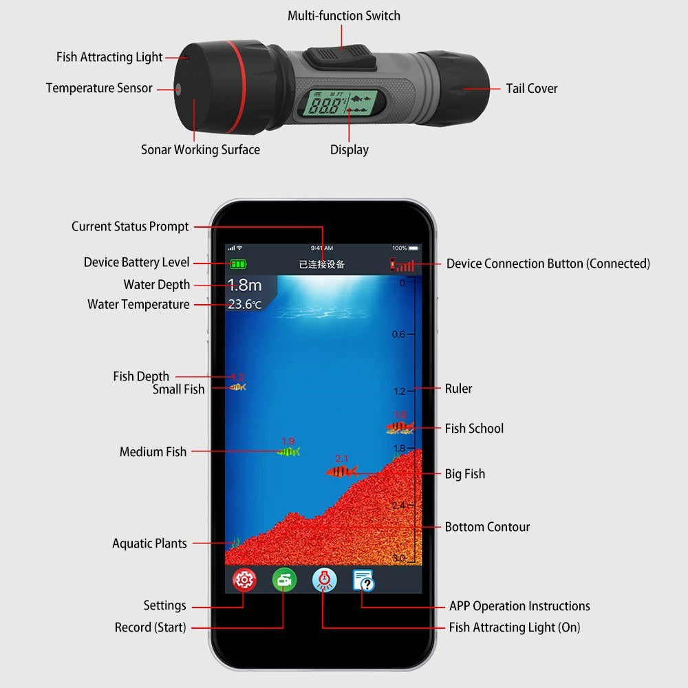 Fish Depth Finder Handheld Fish Finder Wireless Waterproof Sonar Fish Finder for Ice Fishing