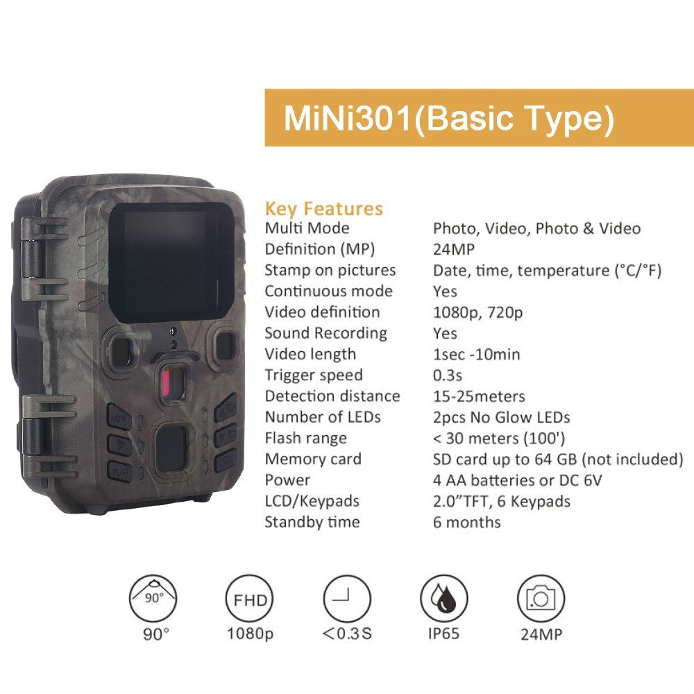 Mini 24MP 1080P Infrared LED Motion Activated Night Vision Trail Camera 0.3S Trigger Speed Waterproof Wildlife Hunting Camera