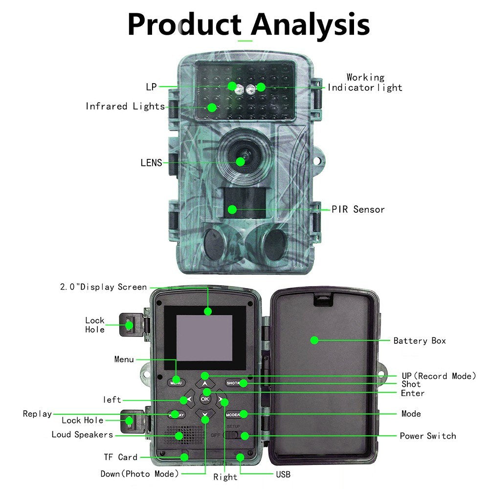 2.7K 60MP Trail Camera Night Vision Waterproof Hunting Camera with 2 Inch Screen for Outdoor Wildlife Monitoring