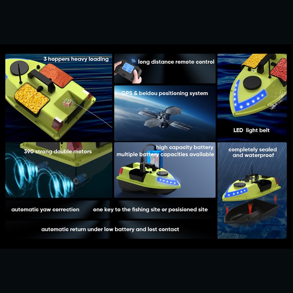 GPS RC Bait Boat 600M Remote, 99 Sites, 7-Color LED, 3 Bait Containers, 4.4lb Load, 12000mAh Battery - Smart Fishing