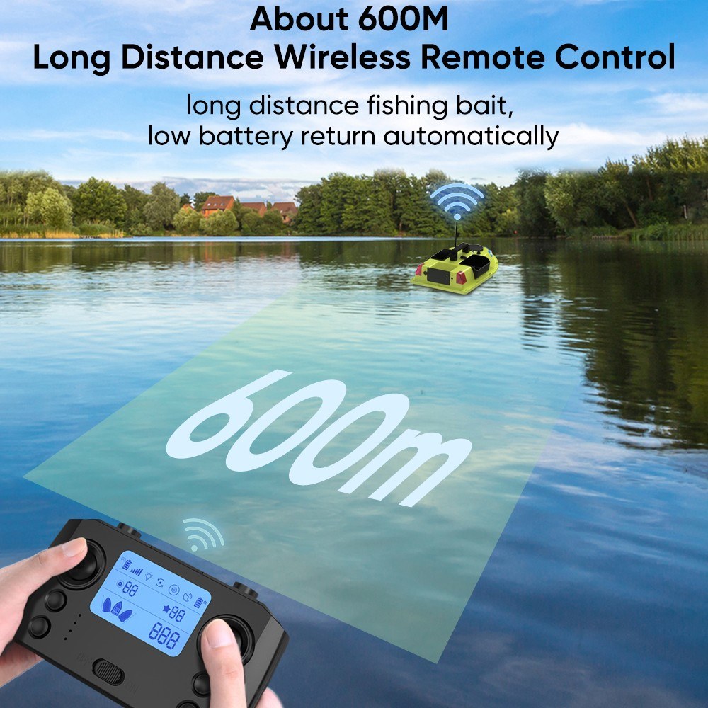 GPS RC Bait Boat 600M Remote, 99 Sites, 7-Color LED, 3 Bait Containers, 4.4lb Load, 12000mAh Battery - Smart Fishing