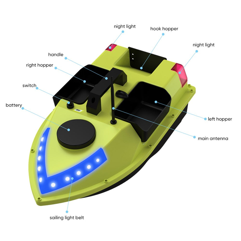 GPS RC Bait Boat 600M Remote, 99 Sites, 7-Color LED, 3 Bait Containers, 4.4lb Load, 12000mAh Battery - Smart Fishing