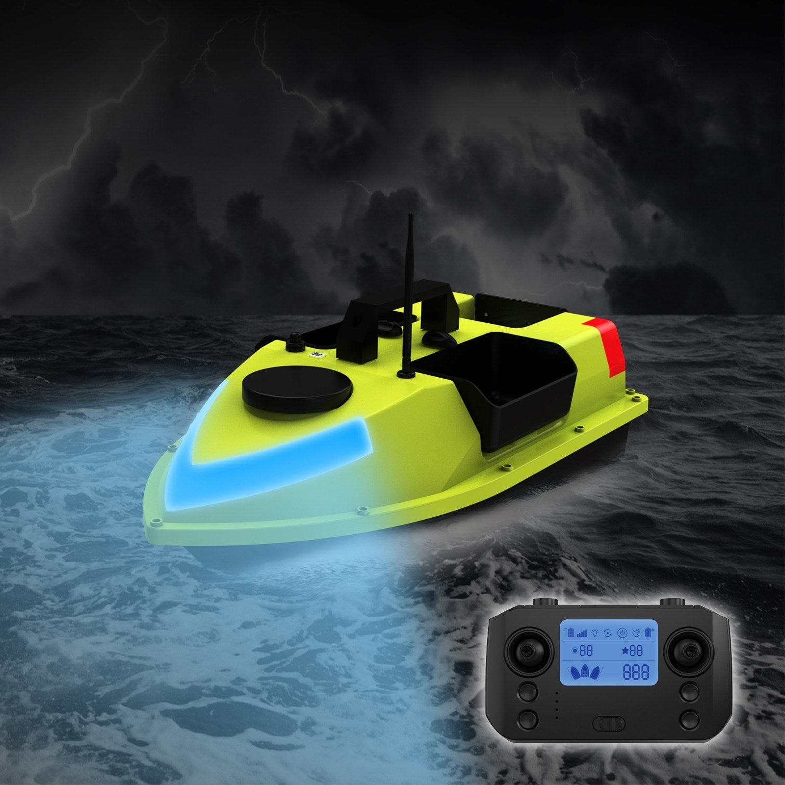 GPS RC Bait Boat 600M Remote, 99 Sites, 7-Color LED, 3 Bait Containers, 4.4lb Load, 12000mAh Battery - Smart Fishing