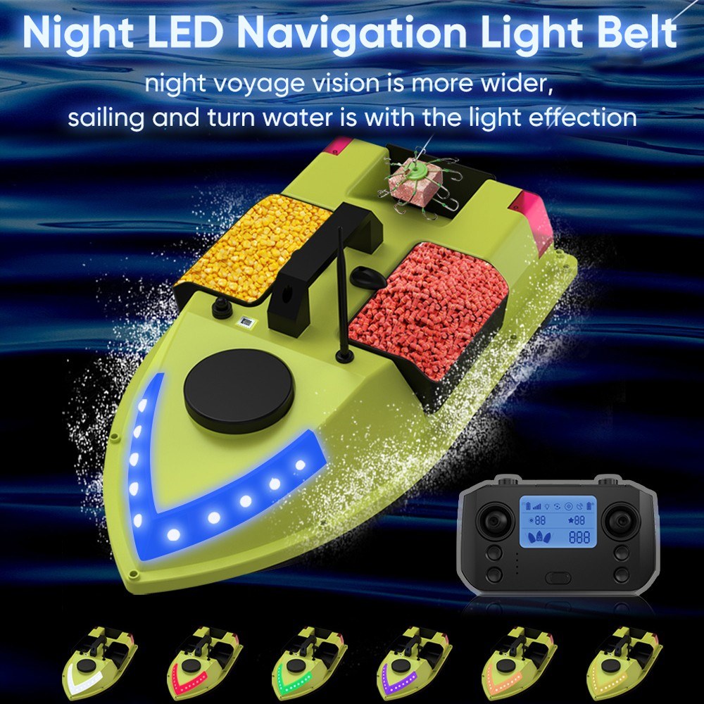 GPS RC Bait Boat 600M Remote, 99 Sites, 7-Color LED, 3 Bait Containers, 4.4lb Load, 12000mAh Battery - Smart Fishing