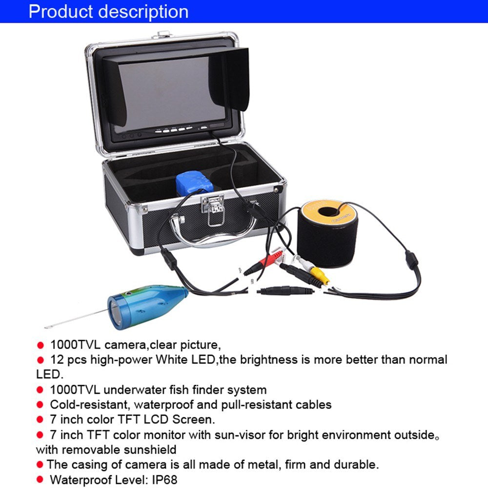 Underwater Fishing Camera 7 Inch LCD Monitor IP68 Waterproof 1000TVL Fish Finder 15m/30m/50m Depth