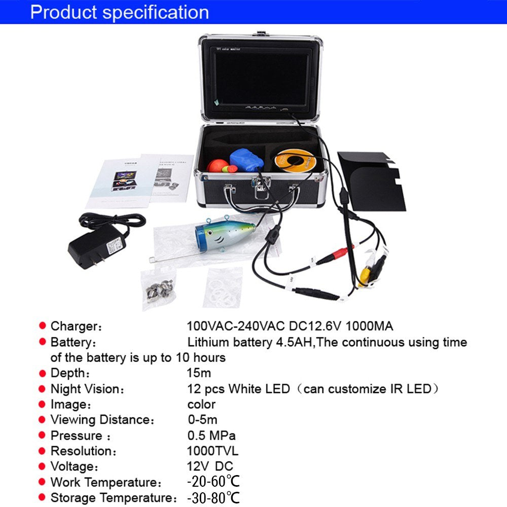 Underwater Fishing Camera 7 Inch LCD Monitor IP68 Waterproof 1000TVL Fish Finder 15m/30m/50m Depth
