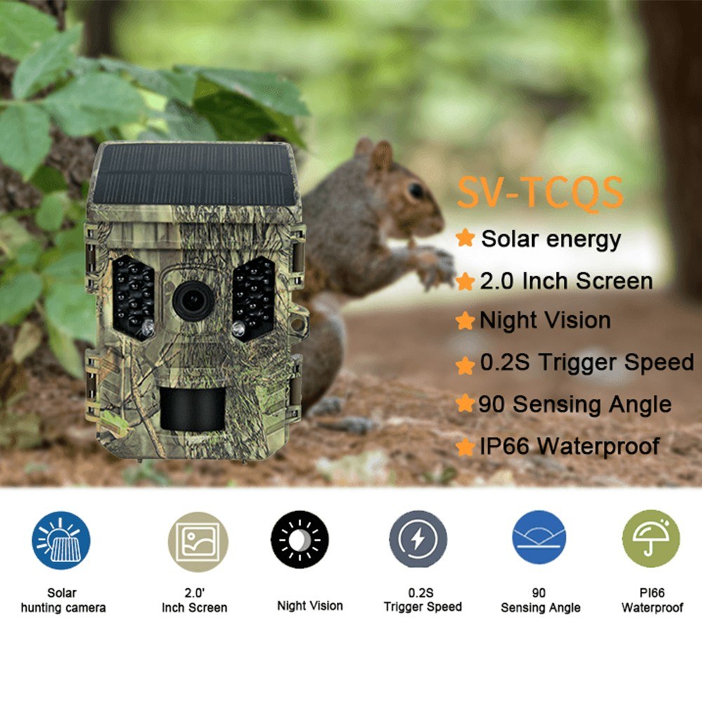 TFT 2.0 inch Display Solar Energy 1080P 16MP Night Vision IP66 Waterproof BT WiFi APP Infrared Hunting Camera