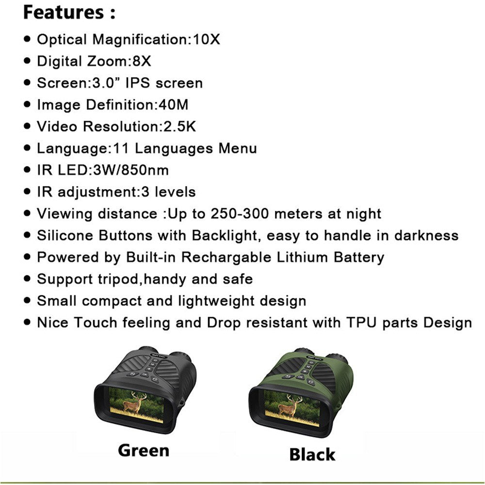 Binoculars Camera Infrared Night Vision 2.5K 10X Optical Zoom 3'' IPS Screen Infrared Illuminator Digital Zoom for Hunting Camping Digital Binoculars